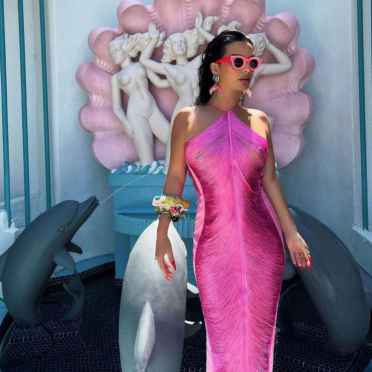 Rose Fringe Halter Maxi Dress